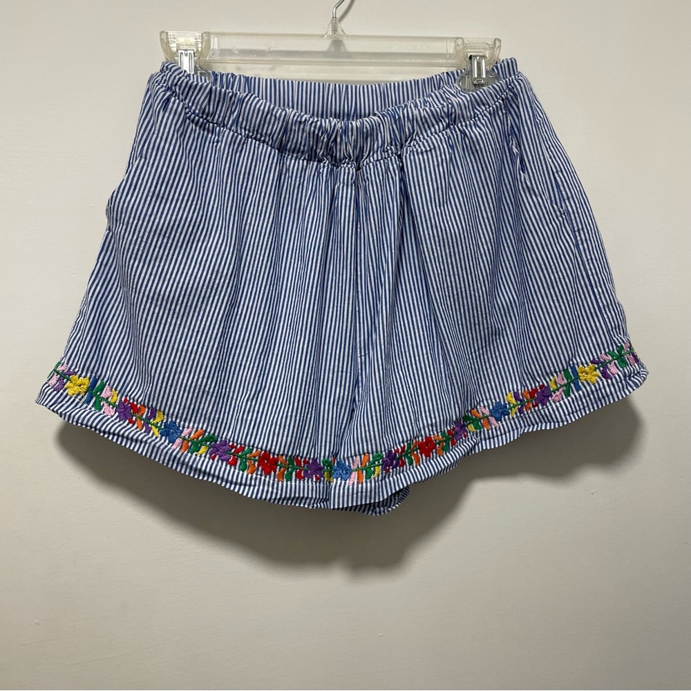Blue Striped Women's High Waist Shorts with Floral Trim